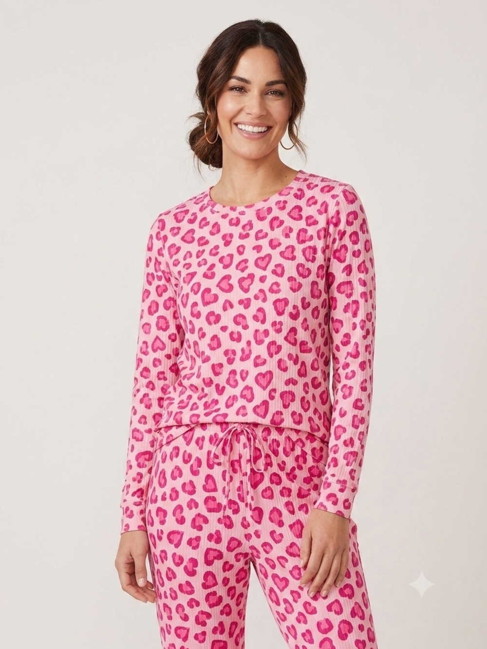 Cozy Pink Heart-Print Long-Sleeve Pajama Top - Picture 1 of 14